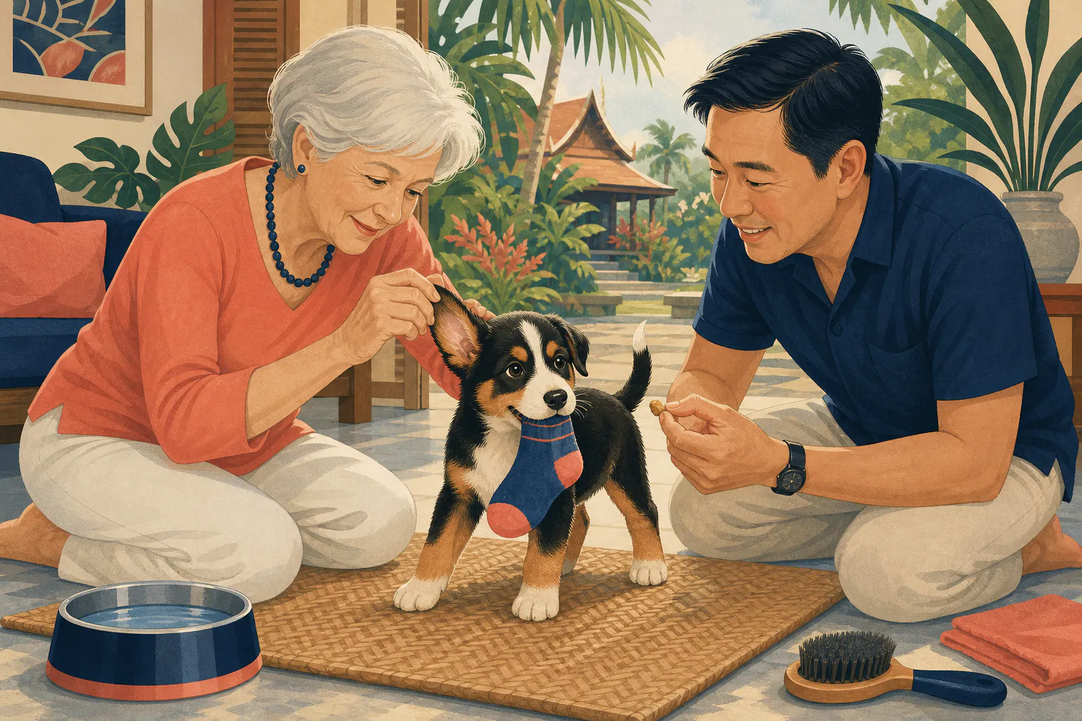A woman in her seventies gently checks a healthy puppy's ear while another adult offers a treat and the puppy proudly keeps hold of a sock.