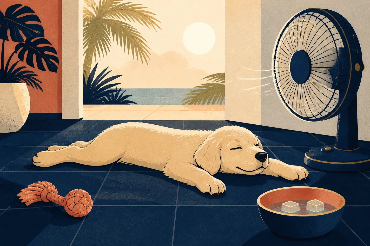 A puppy stretched happily across cool floor tiles beside a fan and fresh water while the tropical sun shines outside.
