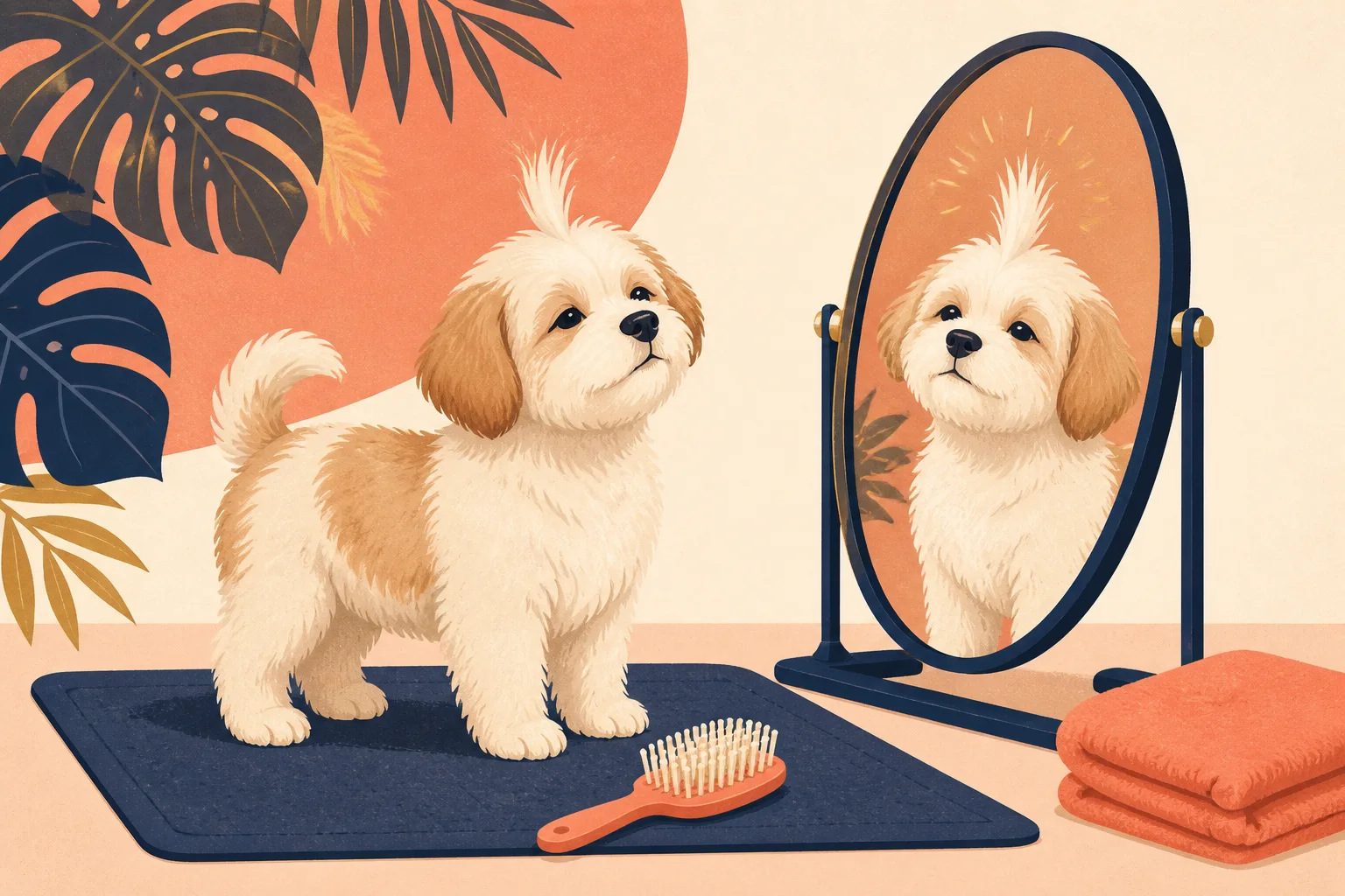 A fluffy puppy proudly admiring one impressive tuft of brushed fur in a grooming mirror.