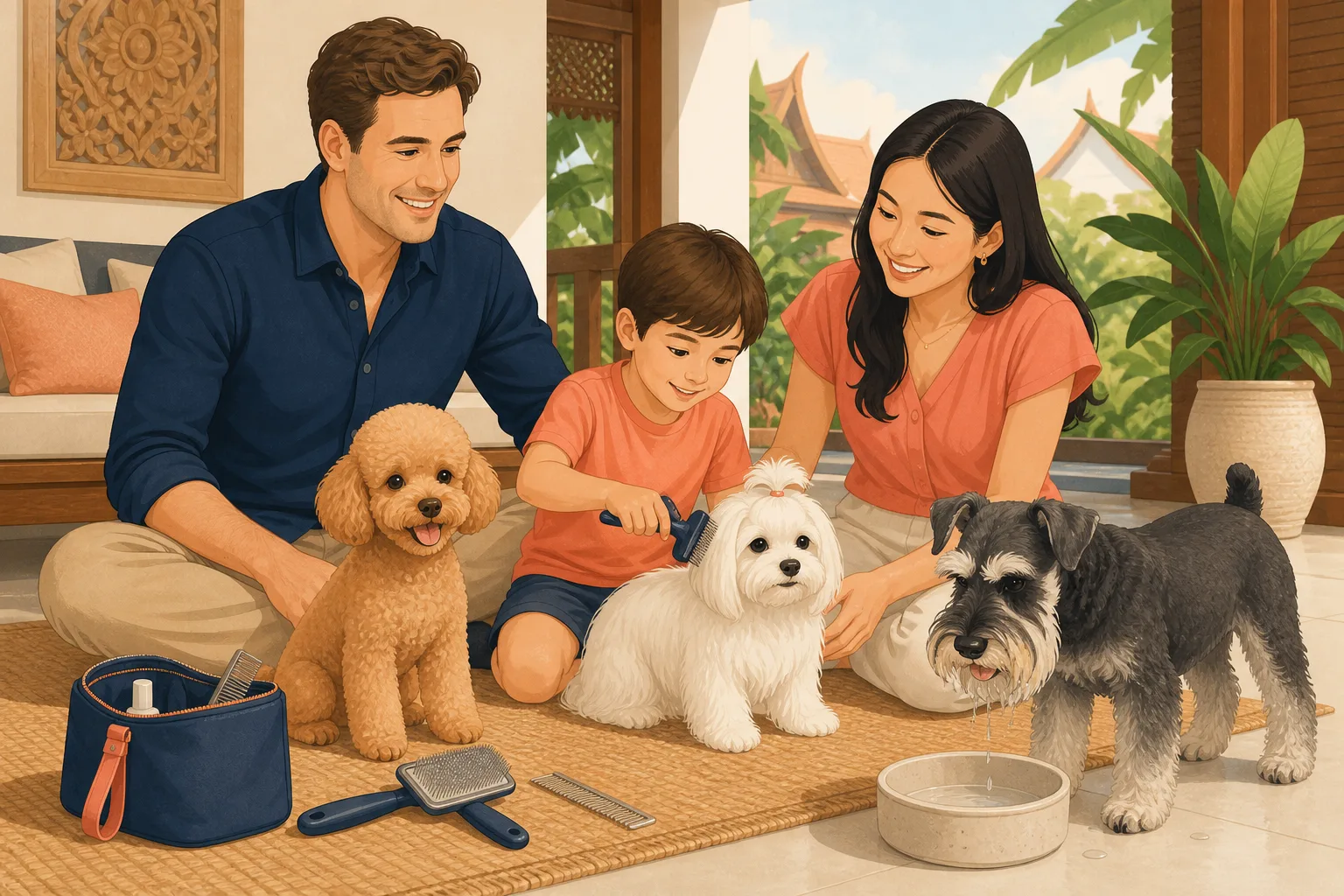 A Western and Asian family grooming a Toy Poodle, Maltese and Miniature Schnauzer in a bright Thai home.