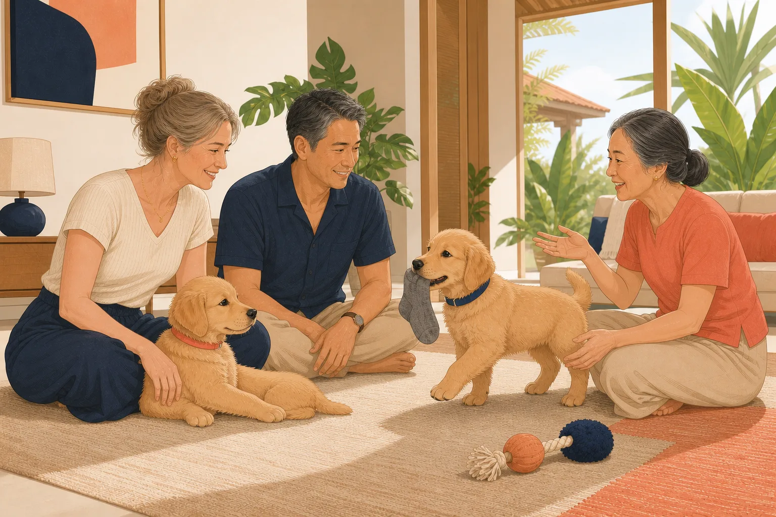 A mature Western and Asian couple comparing a male and female Golden Retriever puppy while an adviser explains the practical differences.
