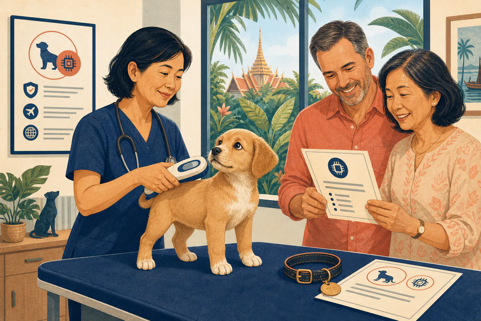 A veterinarian scanning a puppy's microchip while mature Western and Asian owners check the identification certificate beside the puppy's collar tag.