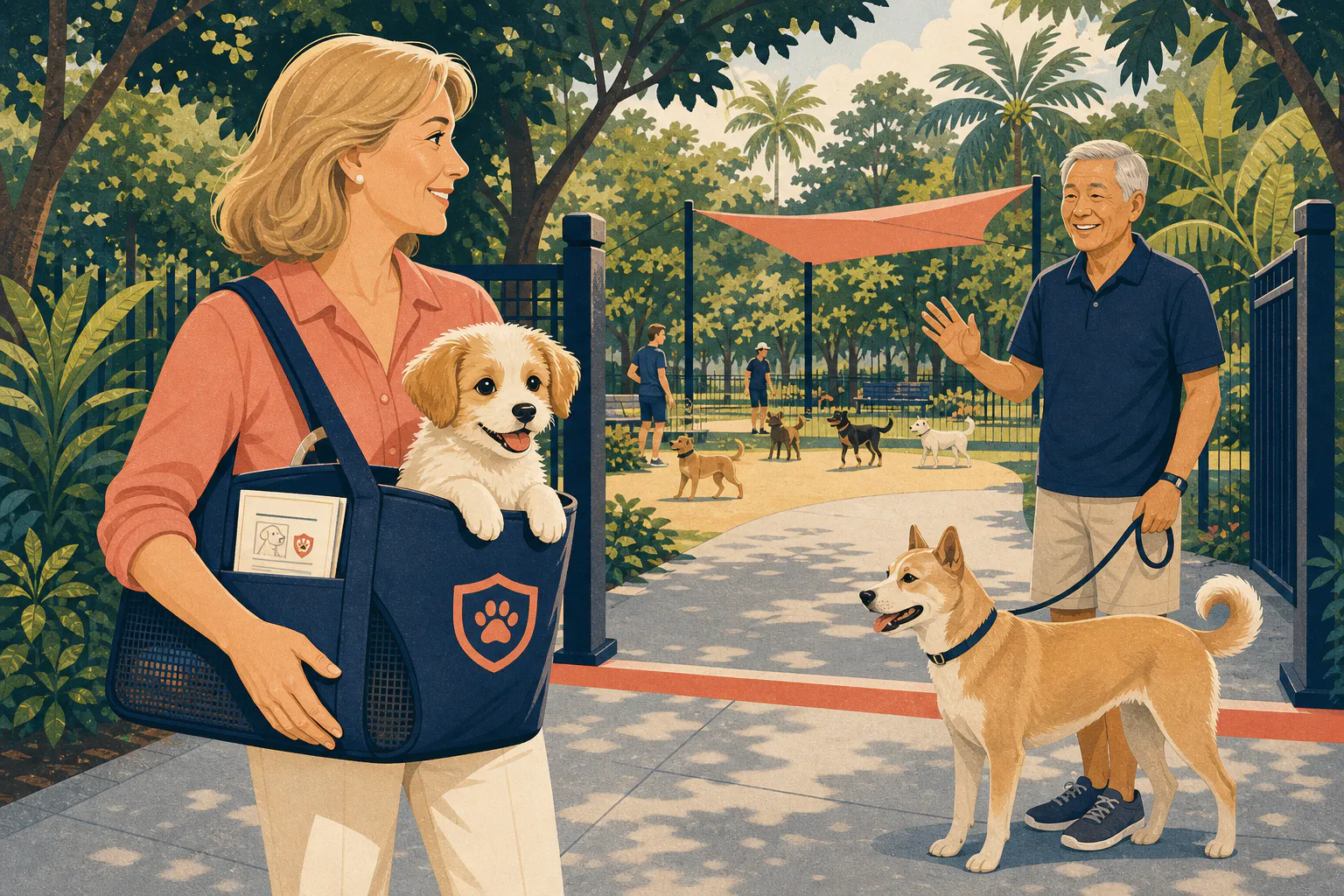 A mature owner carries a happy puppy past a busy dog area while another older owner and vaccinated adult dog wait together behind a clear protective boundary.