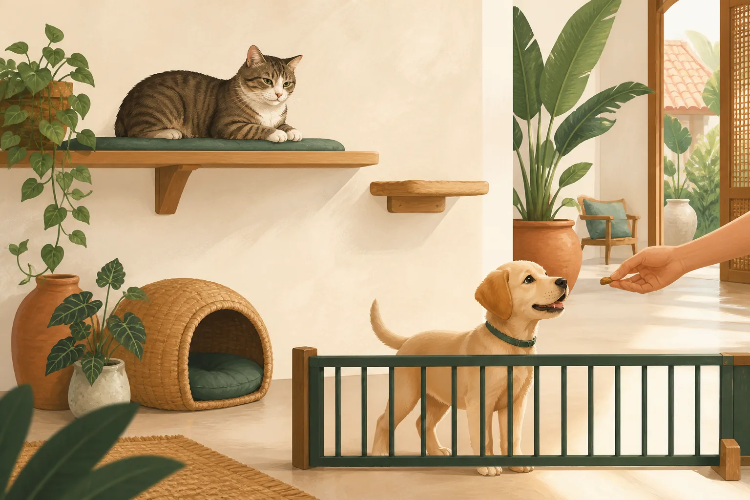 A relaxed cat watching from a high shelf while a puppy behind a low gate turns towards its owner for a reward.