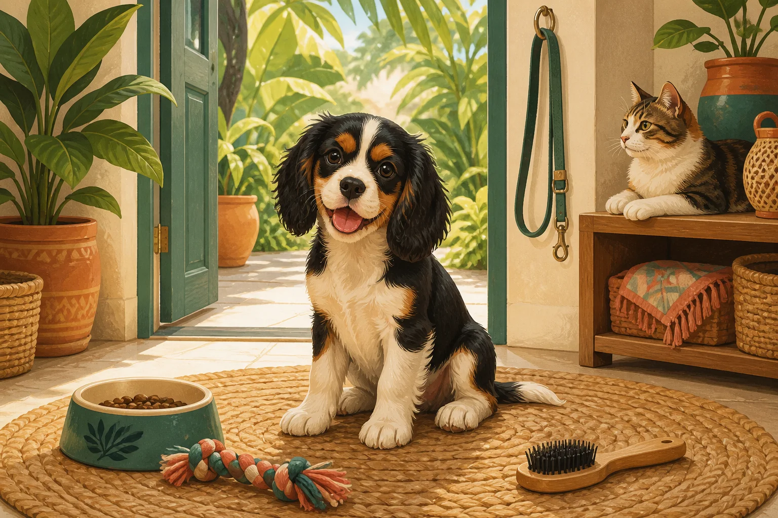 A happy puppy at home with its food bowl, toy and grooming brush, while a cat watches nearby.