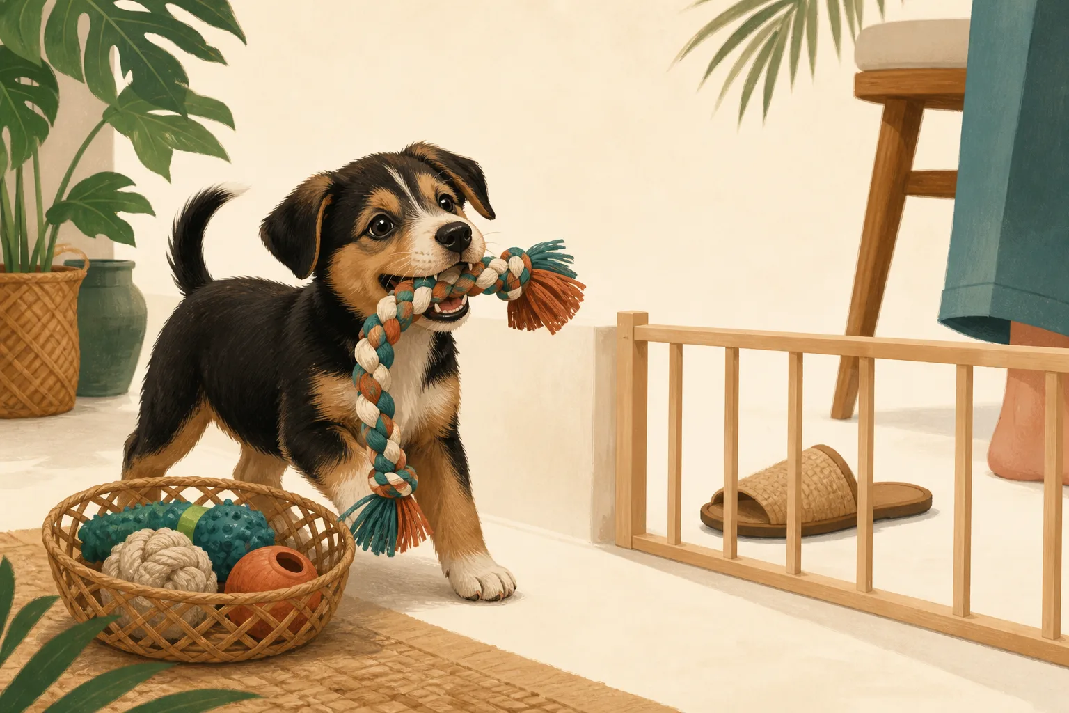 A playful puppy proudly choosing a rope toy while a slipper and trouser hem remain safely beyond a low gate.