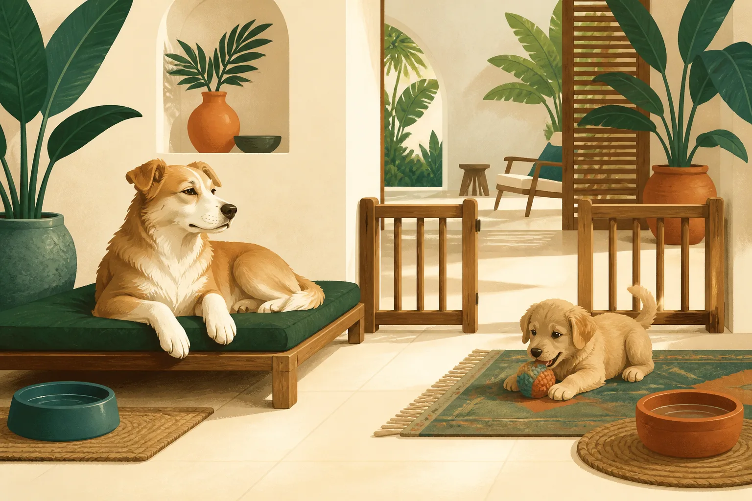 A calm older dog resting on its own bed while a puppy plays with a toy nearby, with separate bowls and an open gate.