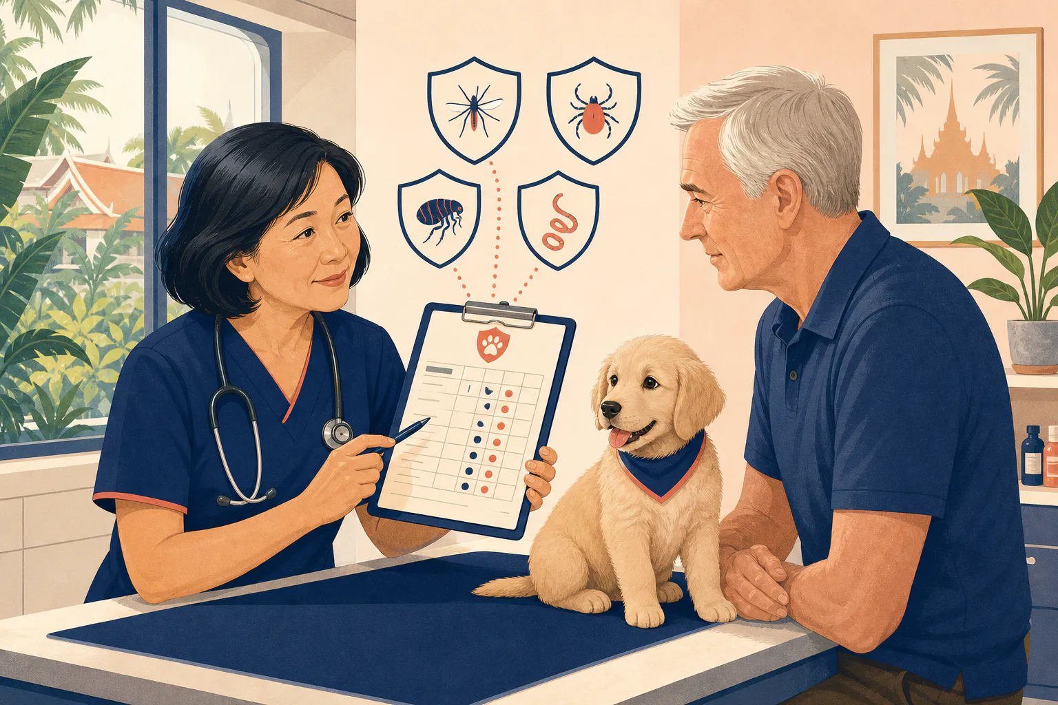An experienced veterinarian reviews a puppy vaccination and parasite plan with a mature owner, using simple shield symbols for mosquitoes, ticks, fleas and worms.