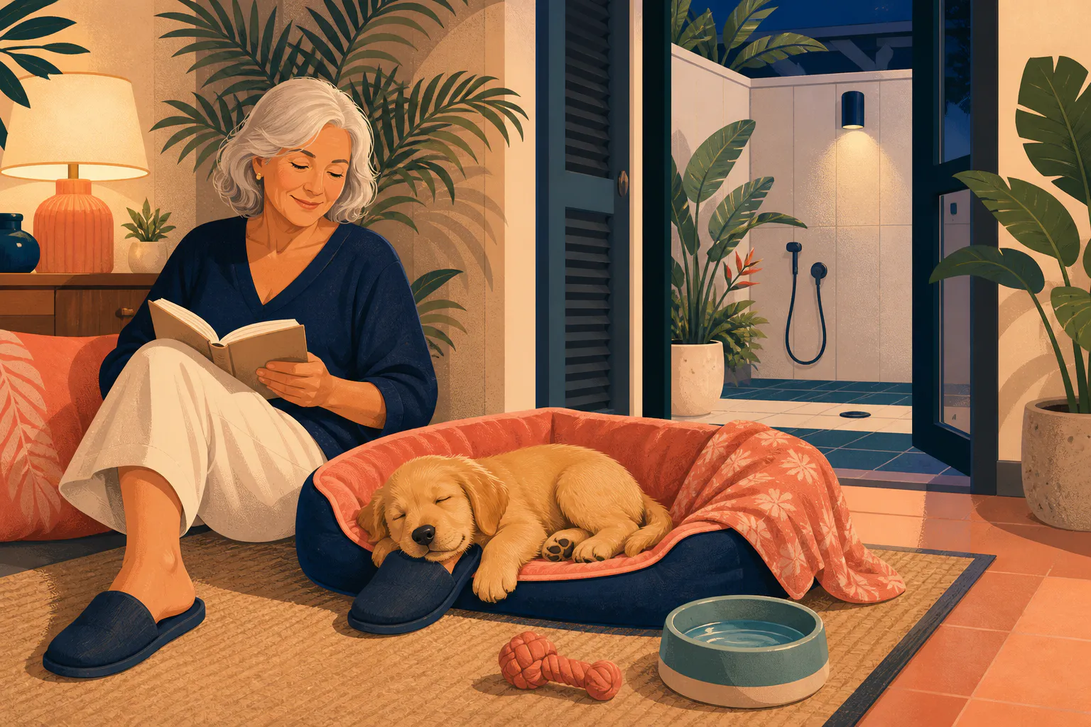 A relaxed woman in her sixties reading beside a sleeping puppy in a prepared bed, with water, a safe toy and the puppy using one of her slippers as a pillow.