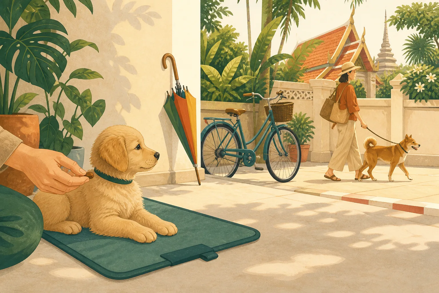 A relaxed puppy on a mat calmly watching an umbrella, bicycle and another dog from a comfortable distance.