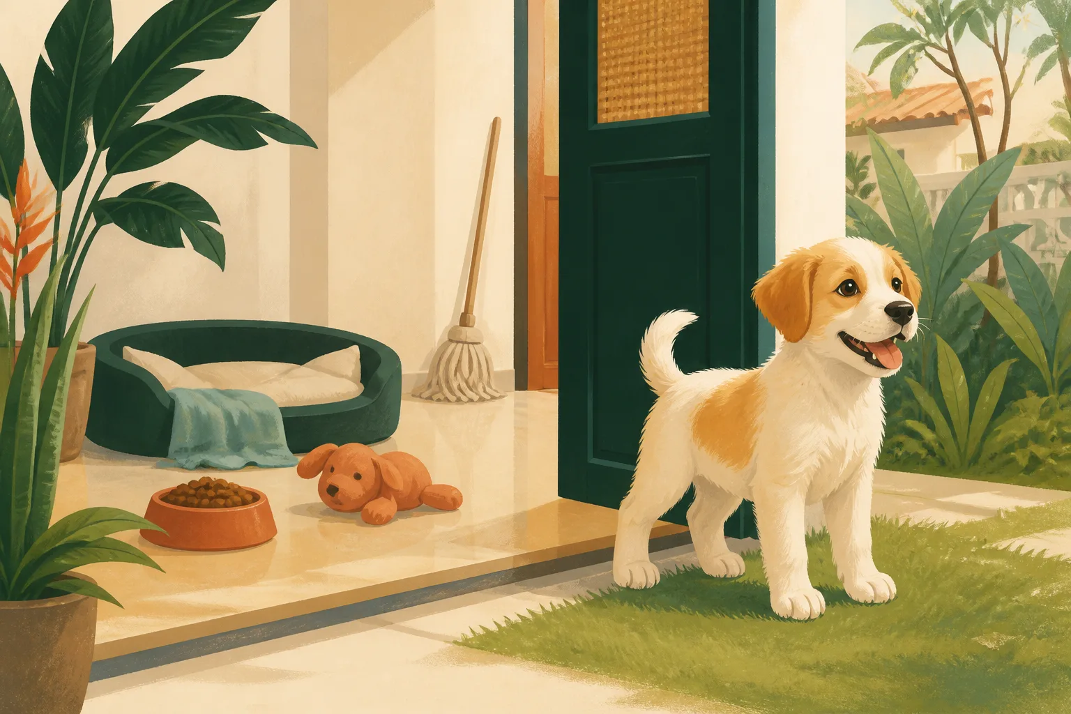 A happy puppy standing on the grass outside an open door, with a bed, food bowl and toy visible inside as cues for toilet trips.