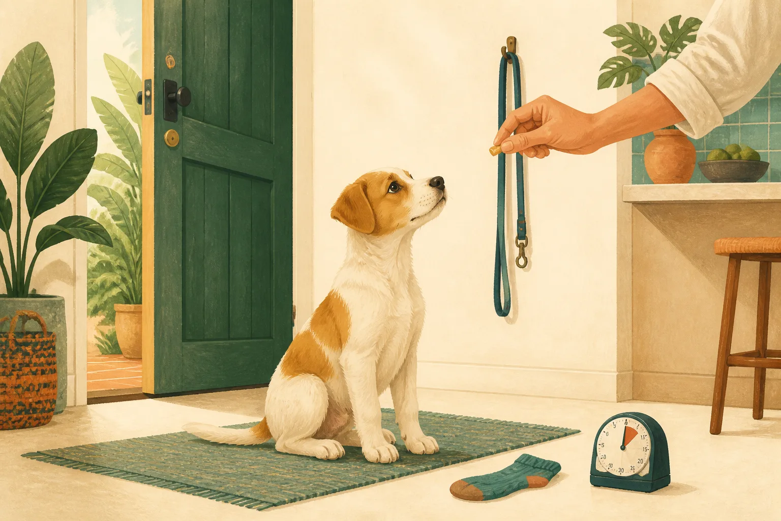 An attentive puppy learning on a mat beside a front door, lead, ignored sock and small kitchen timer.
