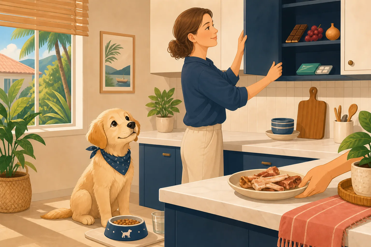 A hopeful puppy beside its own food while chocolate, grapes, onion and sugar-free gum are put away in a high cupboard and fatty leftovers are moved from the counter edge.