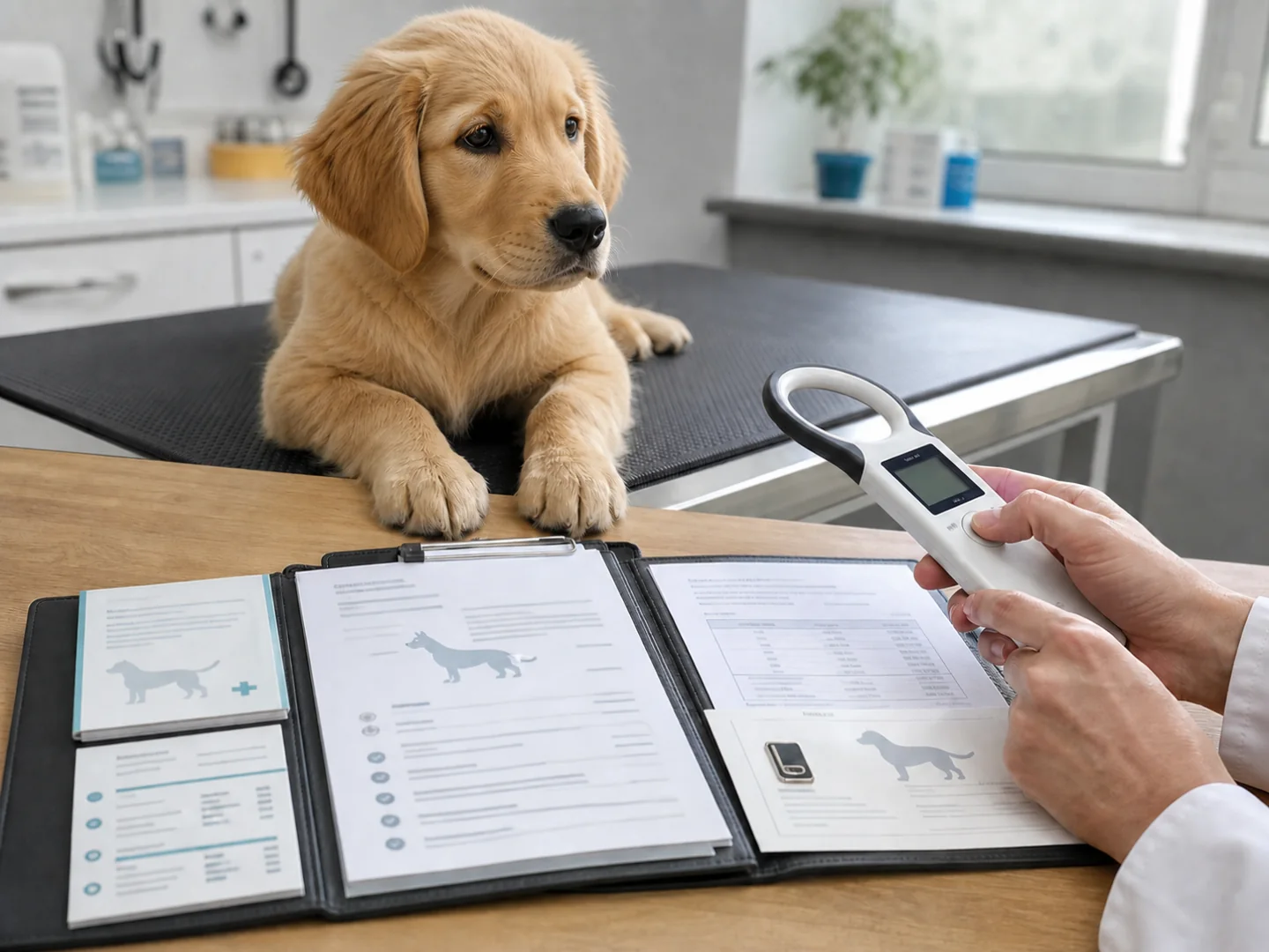 Illustrative image of a Golden Retriever puppy with veterinary records and a microchip scanner