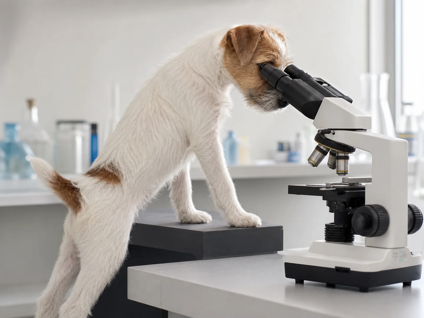 Illustrative image of a Jack Russell Terrier puppy looking through a laboratory microscope
