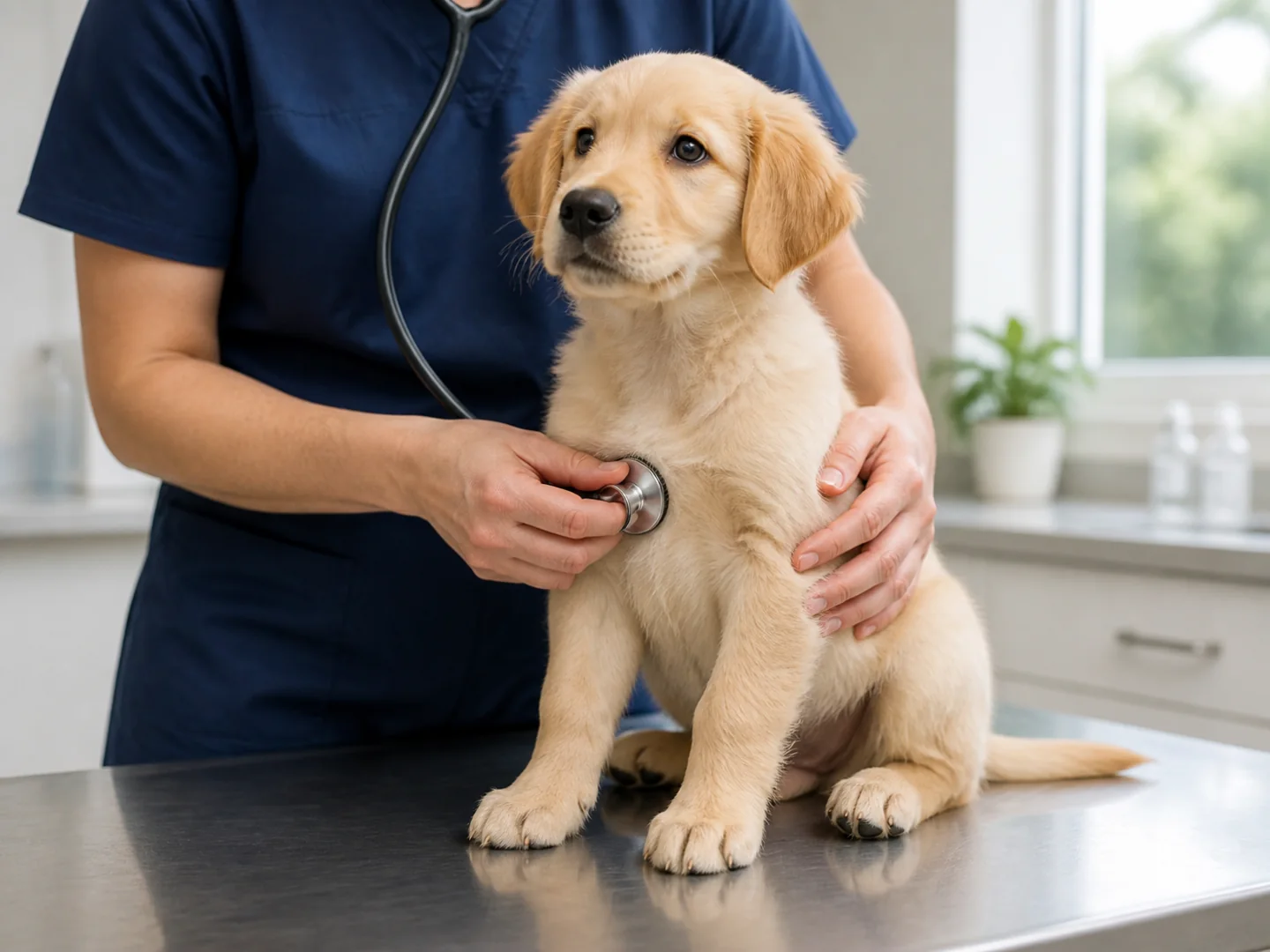 Illustrative image of a veterinarian examining a Golden Retriever puppy