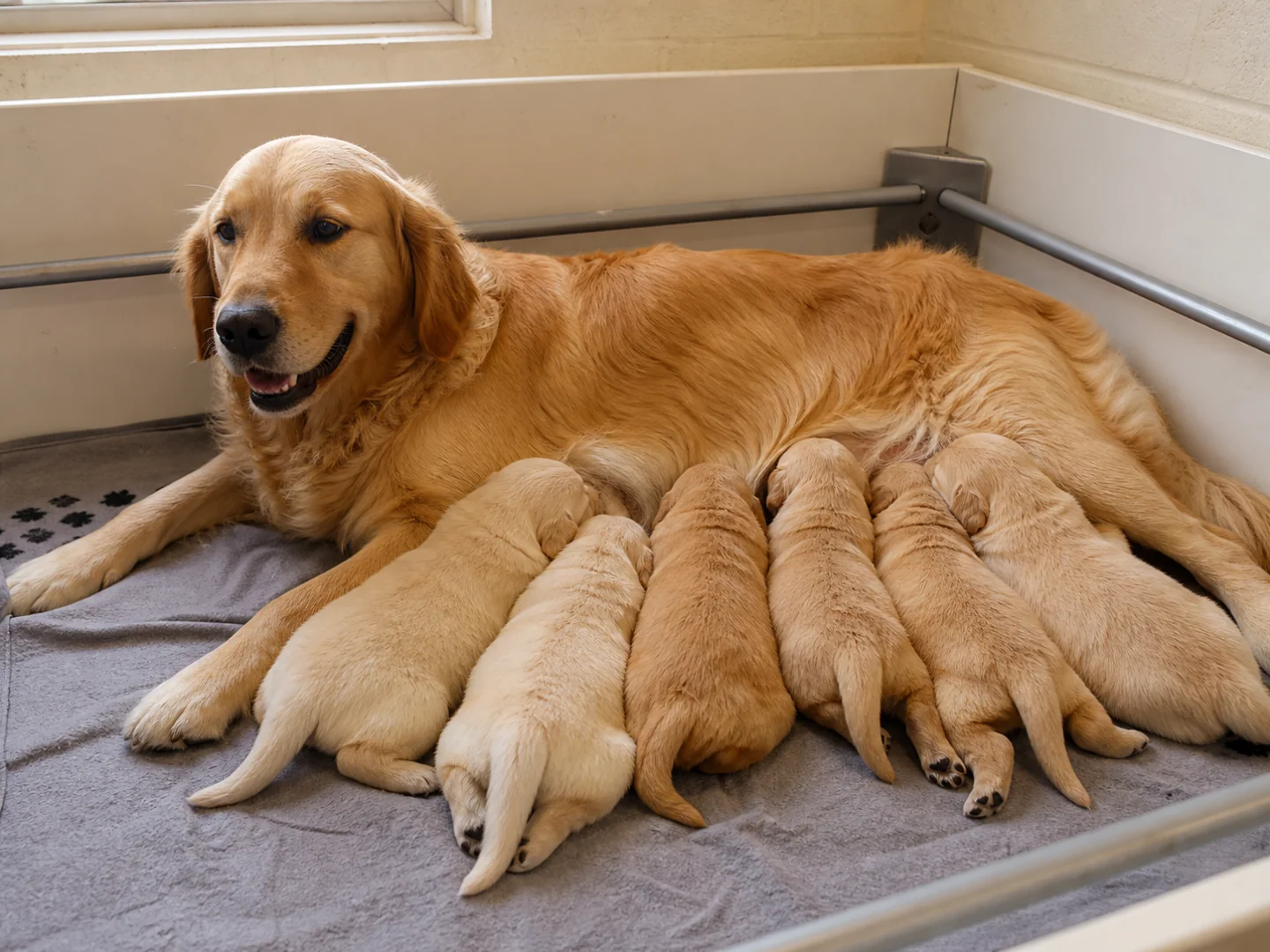 Illustrative image of a comfortable Golden Retriever mother nursing her litter in a whelping box